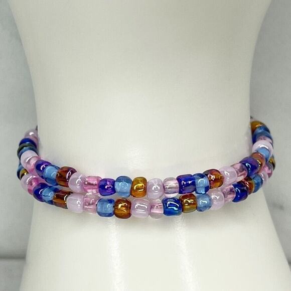 Pink and Blue Beaded Wire Wrap Bracelet - Picture 1 of 6